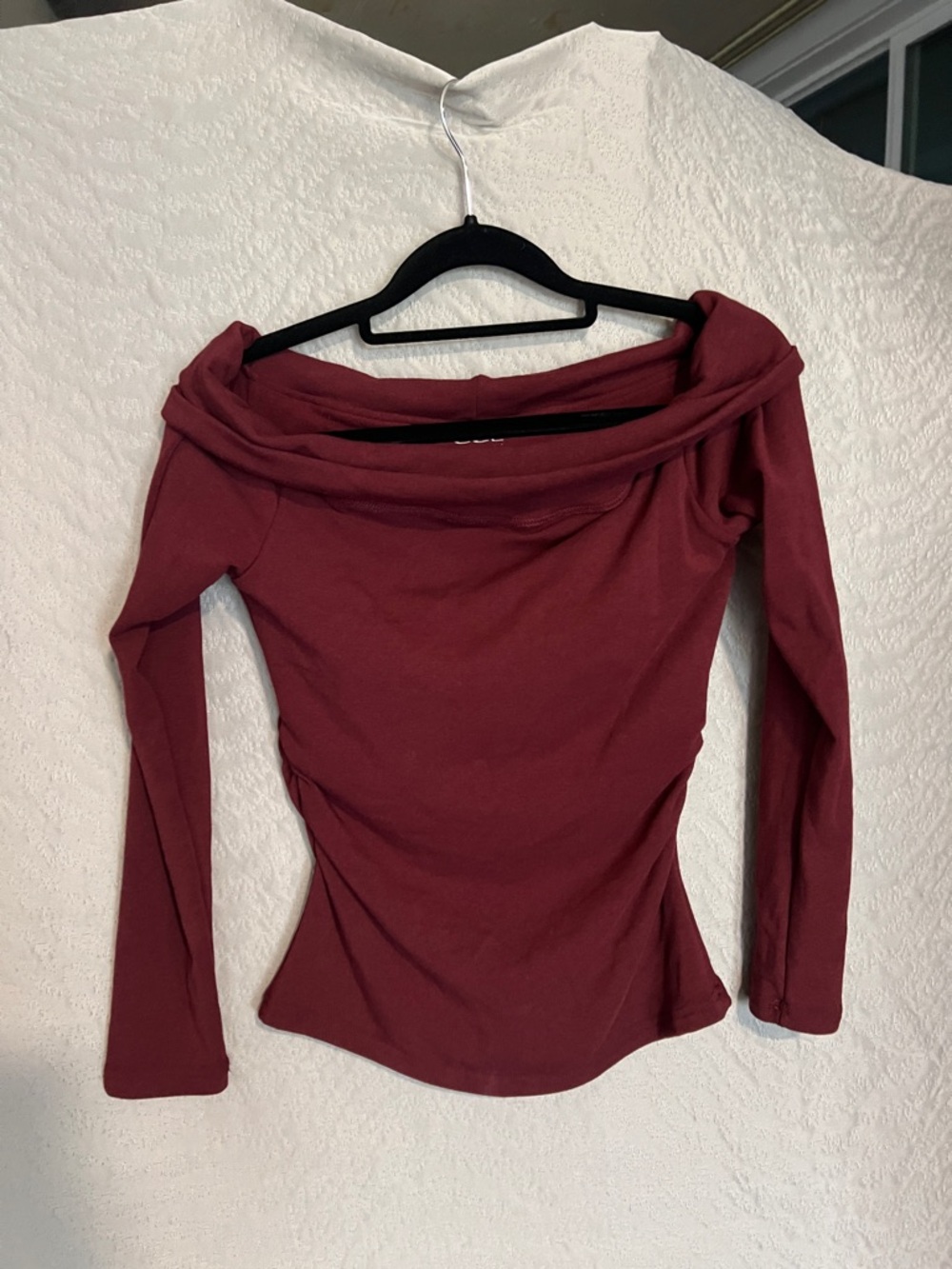 OGL Off-Shoulder Long Sleeve Top in Burgundy Built-In Shelf Bra Size S